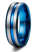 Load image into Gallery viewer, Thin Blue Line 8mm Tungsten Ring for Men Blue Grooved Brushed Size 7-14