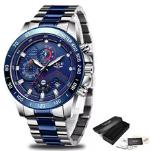 Load image into Gallery viewer, LIGE Chronograph Quartz Waterproof Blue Watch with Thin Blue Line Stainless Steel Strap