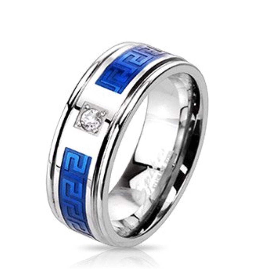 Thin Blue Line Stainless Steel Duo Tone Blue IP Round CZ Centered Maze Inlay Band Ring