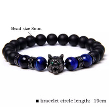 Load image into Gallery viewer, Thin Blue Line Inspired Handmade 8mm Beaded Unisex Natural Stone Blue Tiger Eye Bracelet w/ Black Wolf Head  (4 sizes, FREE Shipping)