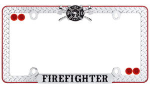 Metal Firefighter License Plate frame -Chrome/Black/Red w/Fastener caps
