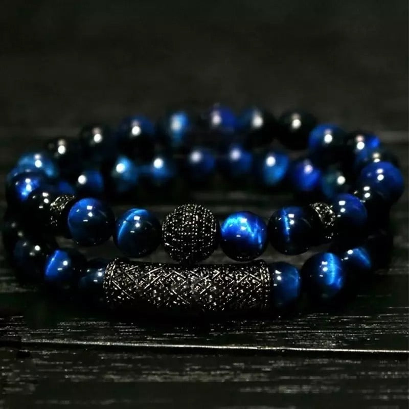 Thin Blue Line Inspired 2 Piece Set of Natural Tiger Eye Stone Bracelet