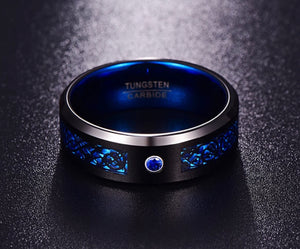 Thin Blue Line Inspired Men's Blue Tungsten Carbide Ring Inlaid Black Dragon Ring