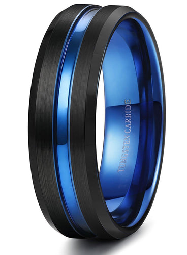Thin Blue Line 8mm Tungsten Ring for Grooved Brushed Size 7-14