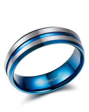Load image into Gallery viewer, Thin Blue Line 8mm Tungsten Ring for Men Blue Grooved Brushed Size 7-14