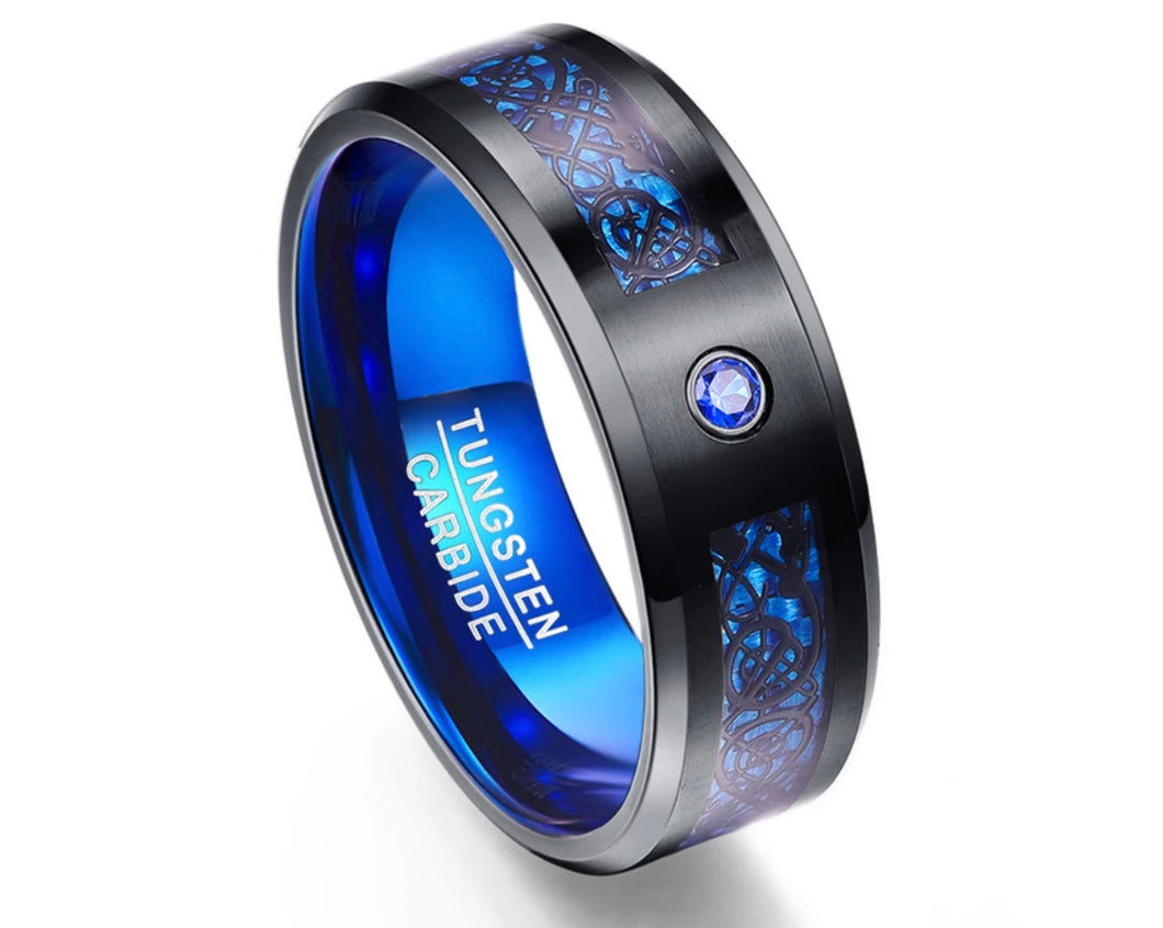 Thin Blue Line Inspired Men's Blue Tungsten Carbide Ring Inlaid Black Dragon Ring