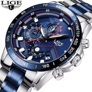 LIGE Chronograph Quartz Waterproof Blue Watch with Thin Blue Line Stainless Steel Strap