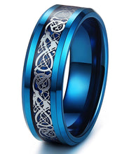 Load image into Gallery viewer, Thin Blue Line 8mm Tungsten Ring Dragon Blue Beveled Edge Size 6-14