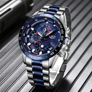 LIGE Chronograph Quartz Waterproof Blue Watch with Thin Blue Line Stainless Steel Strap