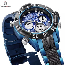 Load image into Gallery viewer, Thin Blue Line GOLDENHOUR Fashion Sport Digital Men’s Dual Time LED Alarm Chronograph Display Full Steel Quartz Watch (FREE Shipping)