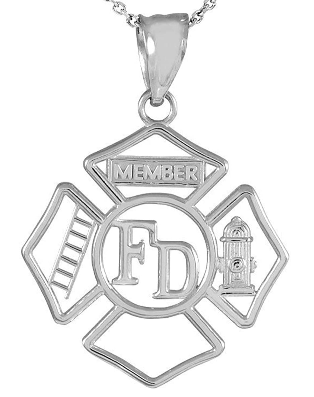 Sterling Silver FD Open Badge Firefighter Pendant Necklace