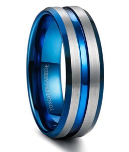 Thin Blue Line 8mm Tungsten Ring for Men Blue Grooved Brushed Size 7-14
