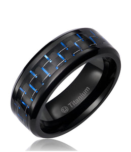Thin Blue Line 8MM Mens Titanium Black Plated with Black and Blue Carbon Fiber Inlay Ring