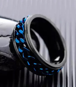 Thin Blue Line Inspired Titanium Stainless Steel Chain Spinner Ring
