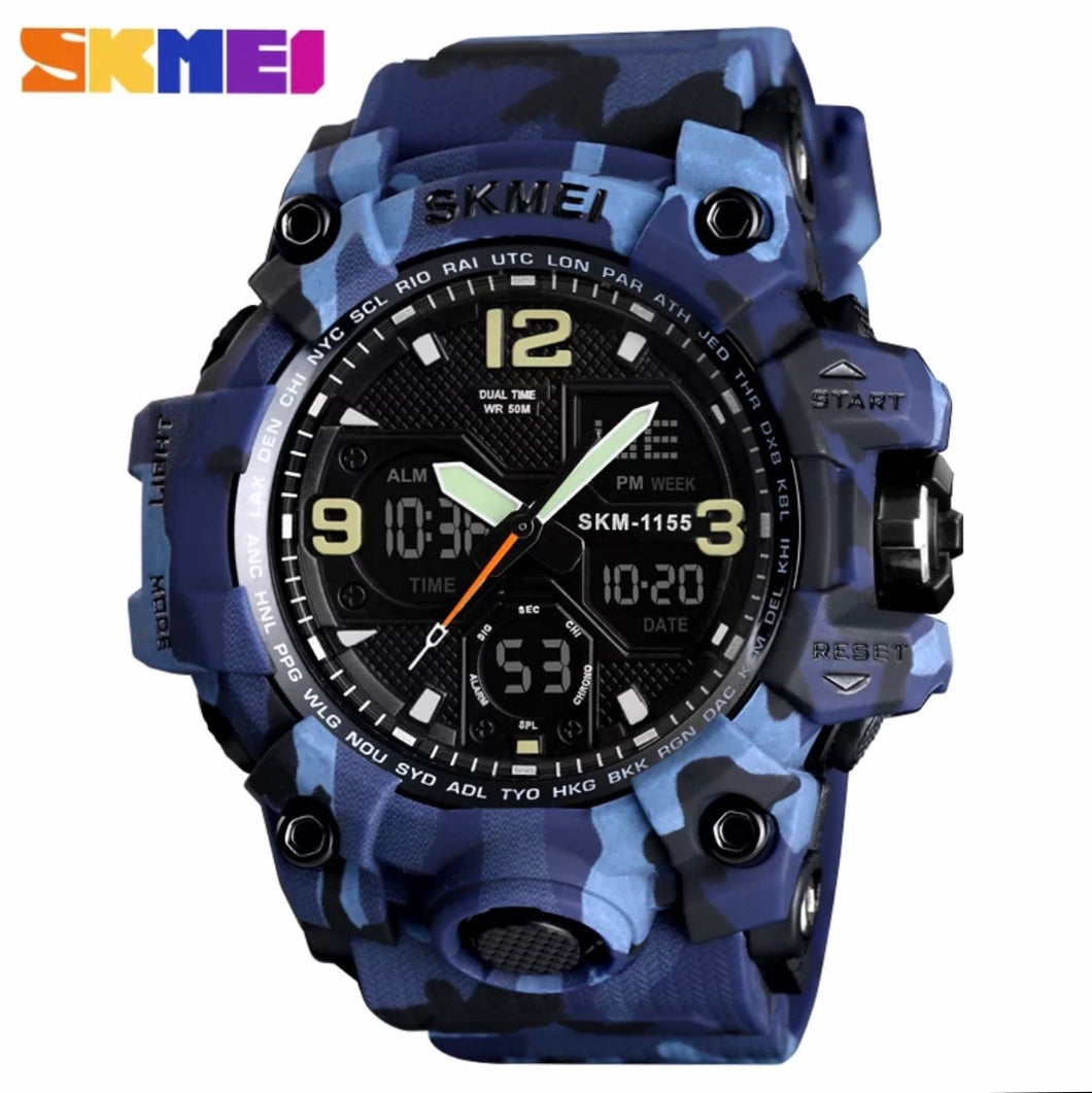 Thin Blue Line Inspired Military Blue Camo Watch LED Quartz, Digtial Dual Time 50m Waterproof