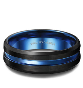 Thin Blue Line 8mm Tungsten Ring for Grooved Brushed Size 7-14