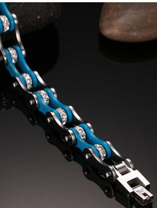 Thin Blue Line Mealguet Jewelry Unisex Stainless Steel Motorcycle Biker Chain Link Bracelets with Rhinestones