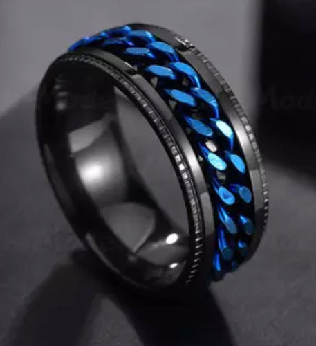 Thin Blue Line Inspired Titanium Stainless Steel Chain Spinner Ring