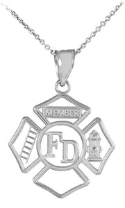 Sterling Silver FD Open Badge Firefighter Pendant Necklace
