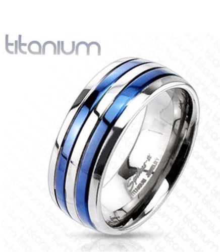 Thin Blue Line Solid Titanium Blue Double Striped Band Ring