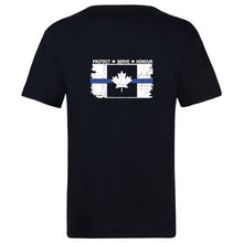 Load image into Gallery viewer, Original Tattered Thin Blue Line Canadian Flag Classic Men&#39;s/Unisex  T-Shirt (small logo left chest/optional large logo on back)